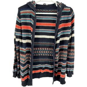 Roxy Cardigan Women XL Navy Blue Stripe K467350 Hooded Open Front Ramie Cotton